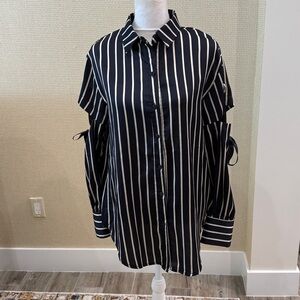 Elli White, Striped Black and White Women's Blouse, Unique Sleeves, Size S/M